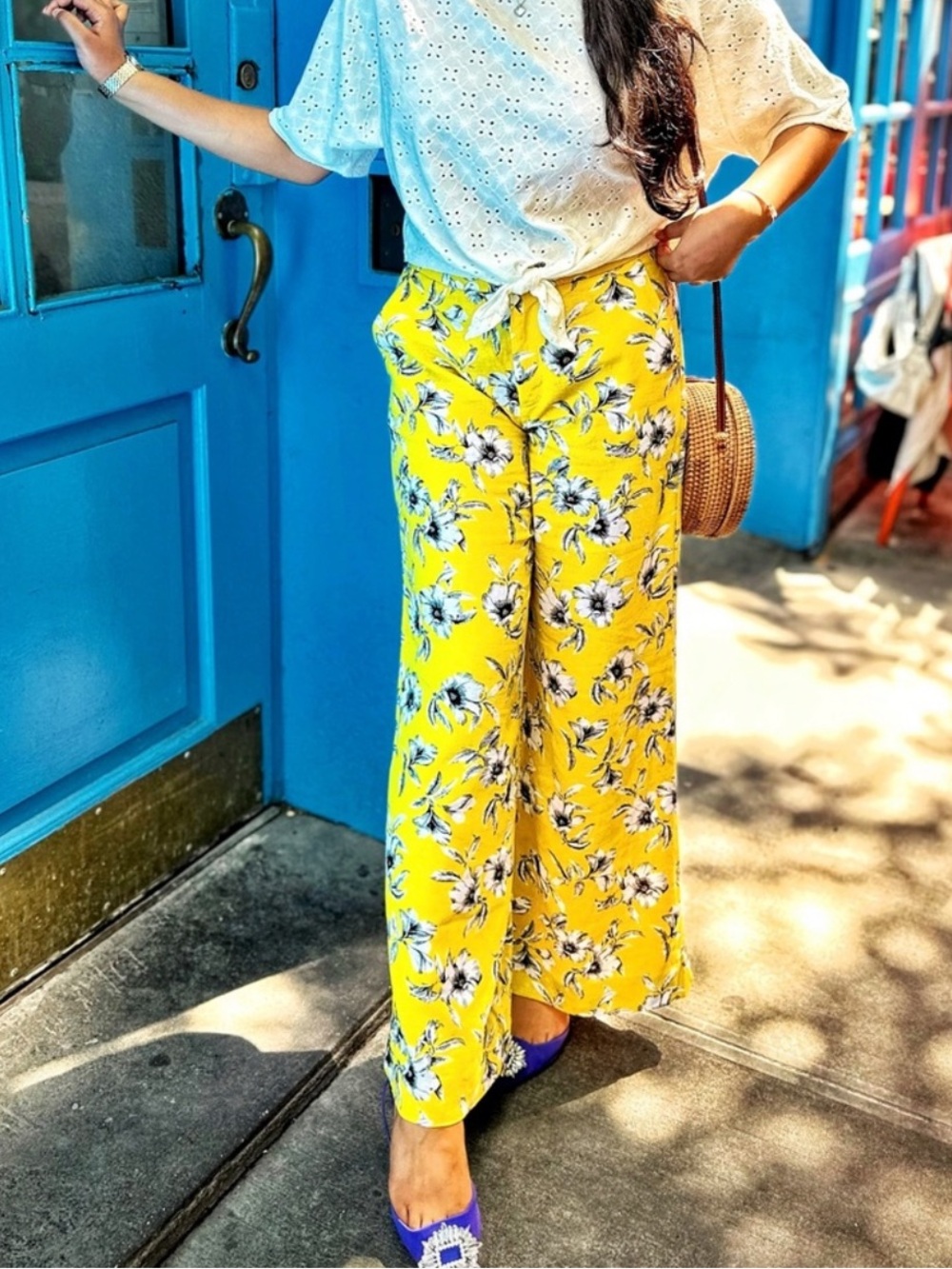 Banana Republic Yellow Floral linen Wide-Leg Pants 12